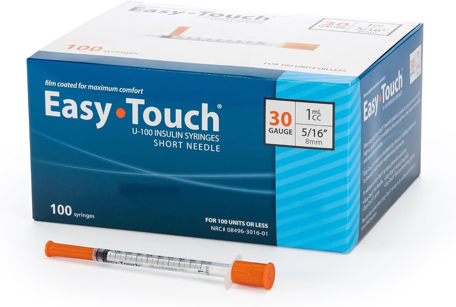 Easy Touch 30 Gauge U-100 Insulin Syringes (30G 1cc 5/16") with 5/16" Long Needl