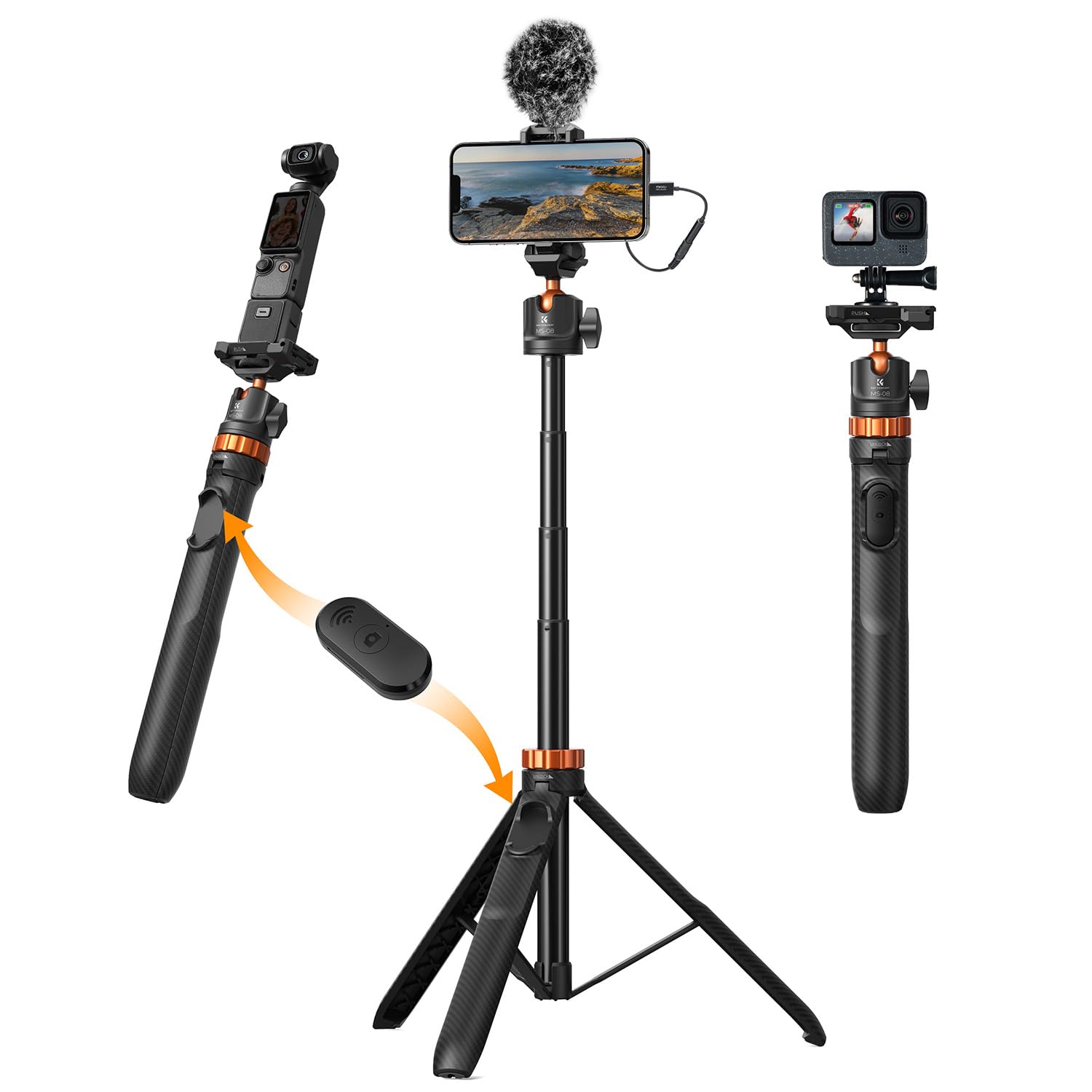 K&F CONCEPT 62'' Phone Selfie Stick Tripod | 360° Ball Head Camera Tripod with R