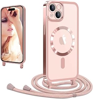 CaseLover Magnetic Case with Rope Compatible with iPhone 13 Soft Case Transparent Silicone Case with Adjustable Necklace Neck Strap Lanyard Anti-Shock Case for iPhone 13, Rose Gold