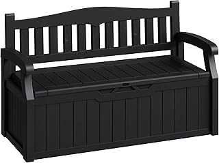Acurax 80-Gallon Outdoor Storage Bench with Lockable Lid, Dark Black | Waterproof Deck Box with Armrests for Patio, Garden and Pool