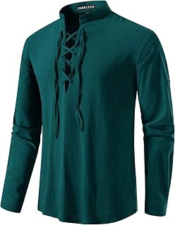 PARKLEES Men's Retro Cotton Casual Shirt Long Sleeve Lace-up Shirts Medieval Viking Pirate Costume for Halloween
