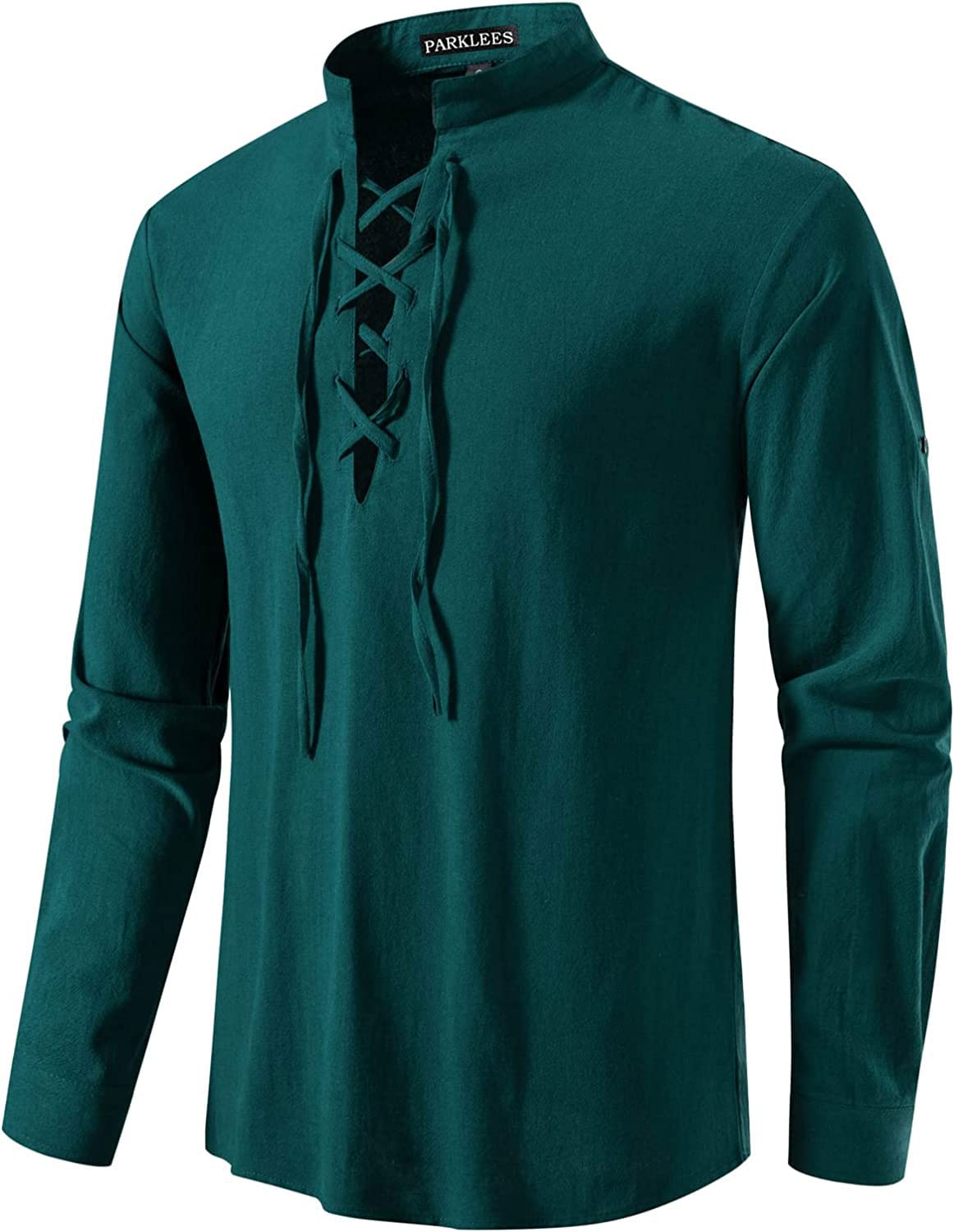 PARKLEES Men's Retro Cotton Casual Shirt Long Sleeve Lace-up Shirts Medieval Vik
