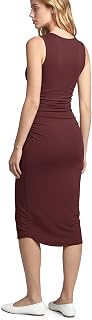 ODODOS Women's Side Shirred Midi Tank Dress Cloud Feeling Crewneck Sleeveless Bodycon Dress