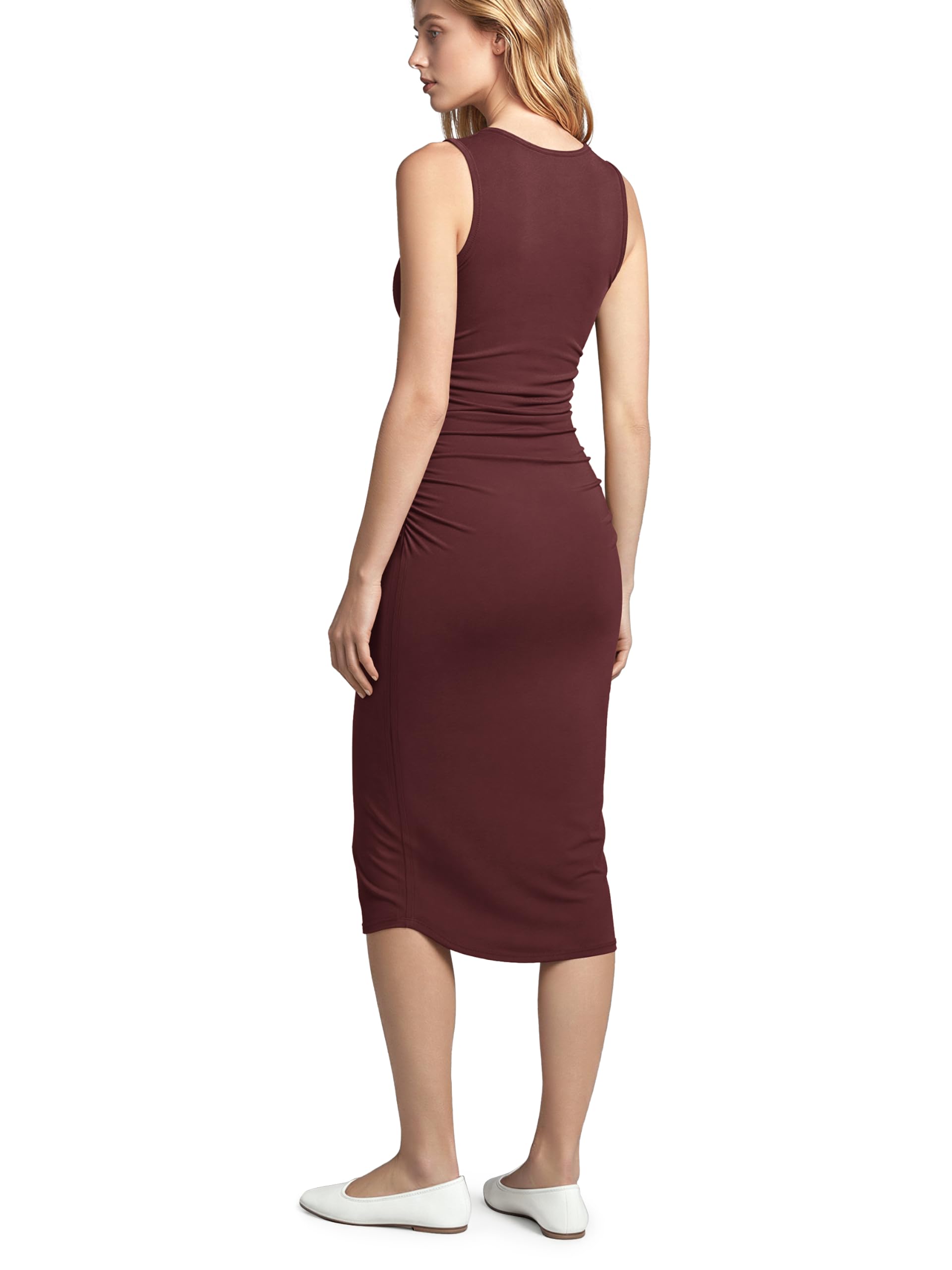 ODODOS Women's Side Shirred Midi Tank Dress Cloud Feeling Crewneck Sleeveless Bo