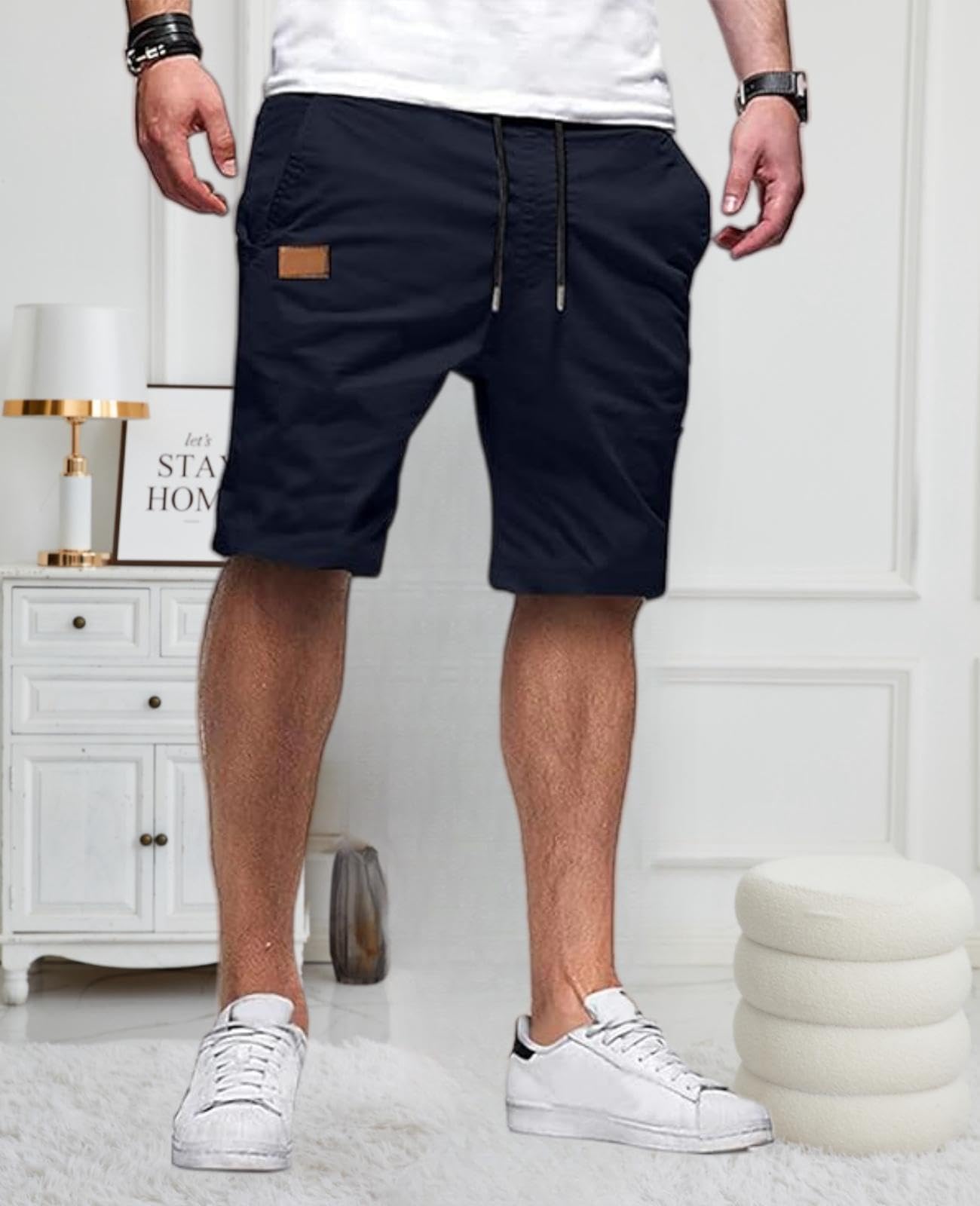 Mens Casual Cotton Drawstring Summer Beach Stretch Twill Chino Shorts