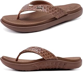 KuaiLu Women's Flip-Flops, Leather Toe Separator with Arch Support for Summer, Beach, Women's Comfortable Yoga Mat Thong Sandals for Plantar Fasciitis