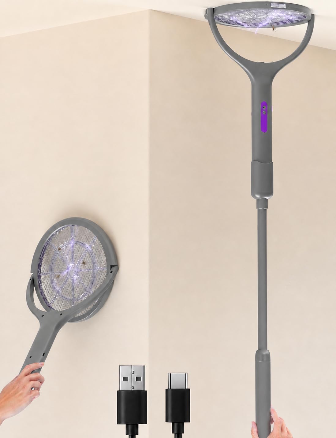 Electric Fly Swatter with Extendable Handle & 90° Rotating Head, Rechargeable Bu