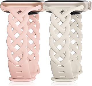Braided Silicone Band for Apple Watch 38mm 40mm 41mm 42mm 44mm 45mm 49mm Women Slim Thin Narrow Out Strap Cute iWatch Ultra 2 Series SE 9/8/7/6/5/4/3/2/1 Women 2 Pack