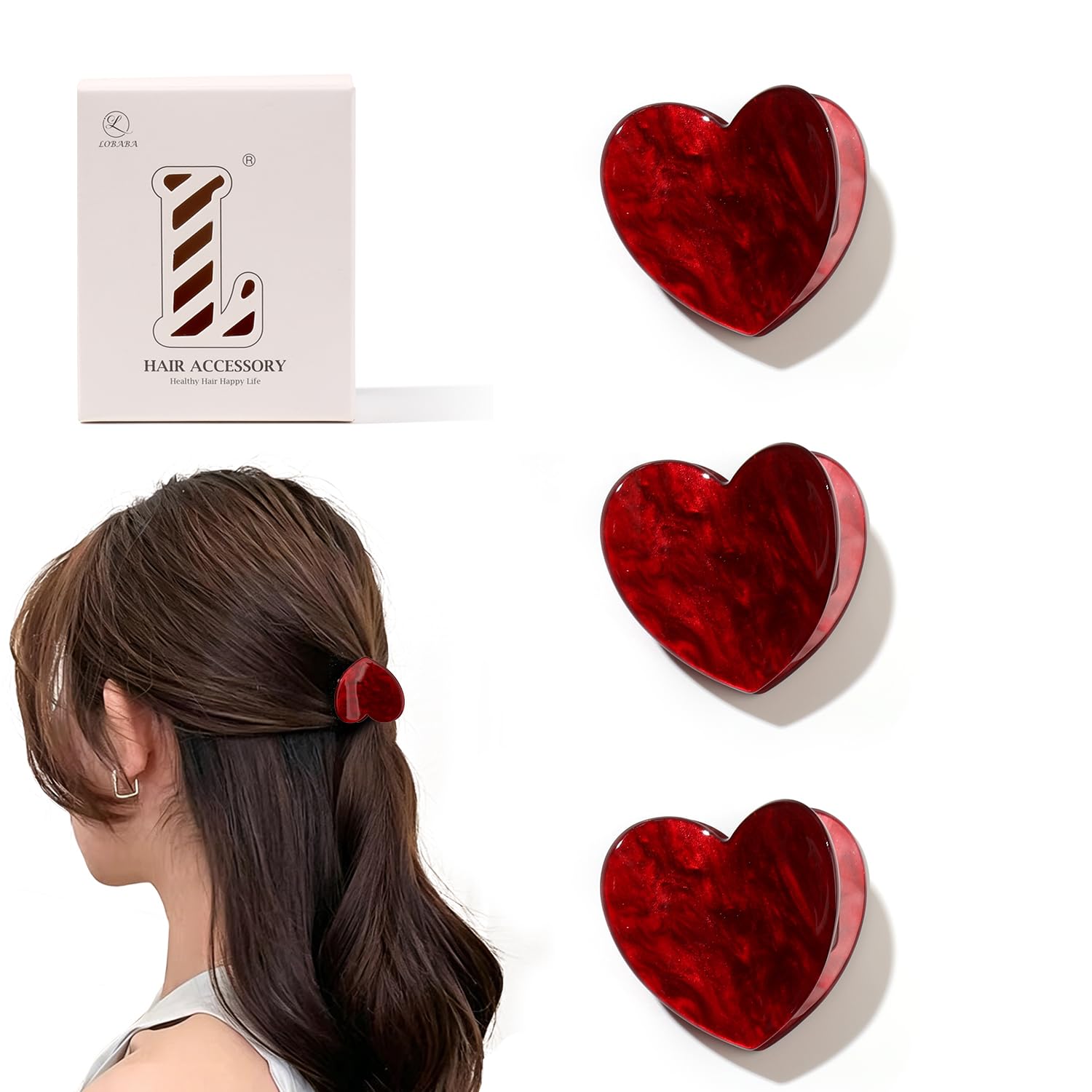 3 Pieces Acrylic Hair Claw Clips for Women, Small Heart Hair Clips for Thick, Th