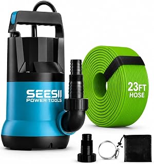 SEESII 1HP Submersible Water Pump, 4755 GPH High Flow w/ 23ft Hose | Anti-Clogging Filter Bag, Sump Pump for Swimming Pool, Hot Tub, Pond, Flooded Basement, Rooftop, Garden Water Removal