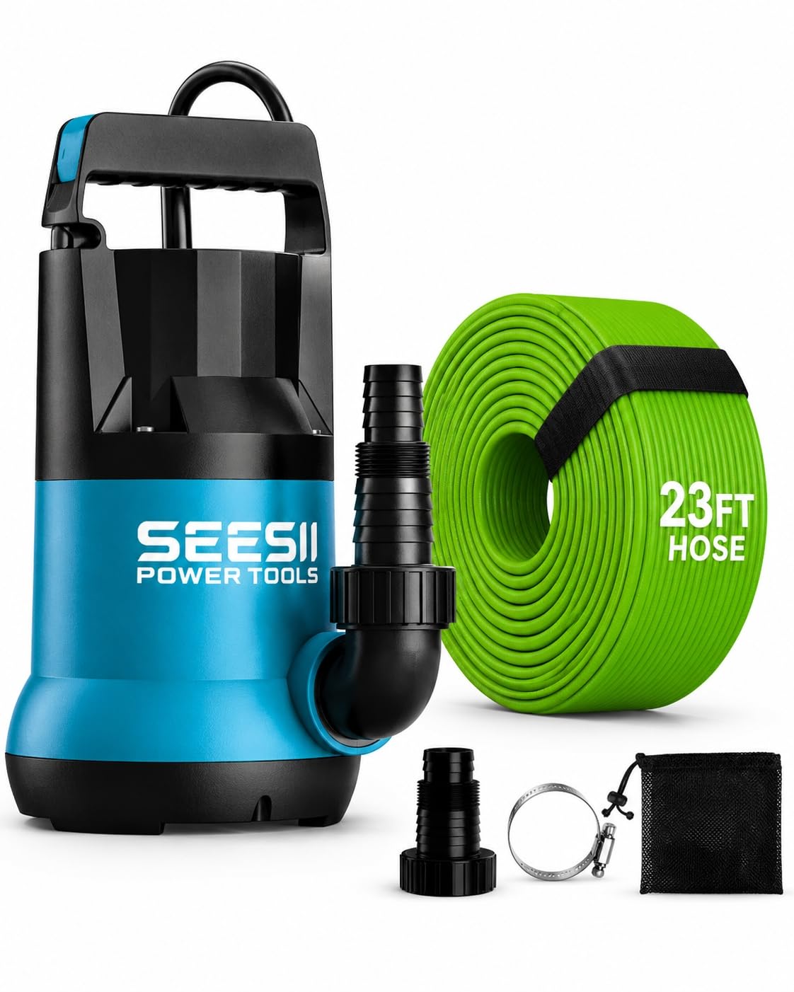 SEESII 1HP Submersible Water Pump, 4755 GPH High Flow w/ 23ft Hose | Anti-Cloggi