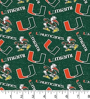 SYKEL ENTERPRISES University of Miami Cotton Fabric - Hurricanes Pattern - 43 Inches Wide - Green