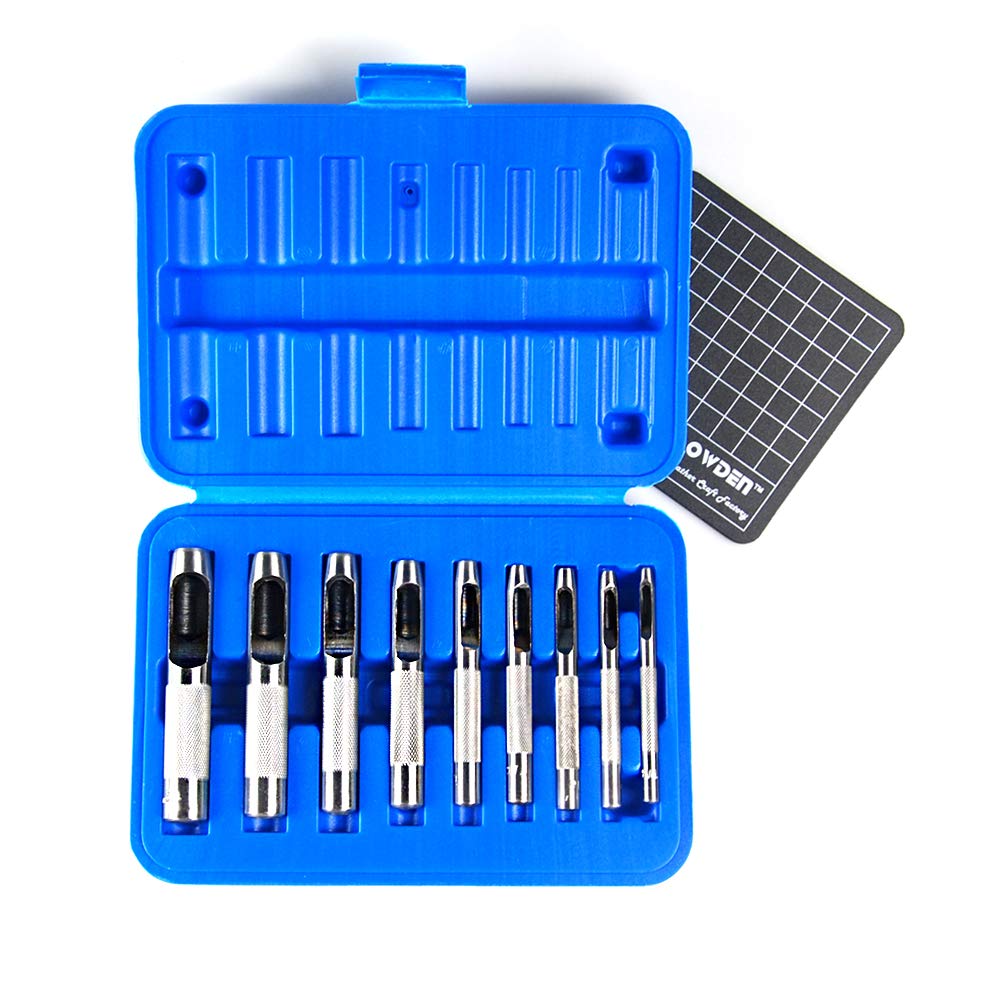 OWDEN 9 Pieces Leather Hollow Punch Set (1/8"-1/2") with a Cutting mat. | Round 