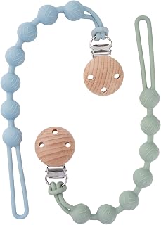 EYOGO Silicone Dummy Clip for Baby Boys and Girls, One Piece Pacifier Clips, Wooden Soother Clips Design, Fits Most Pacifiers and Teething Toys, 2 Pack (Sage+Ether)