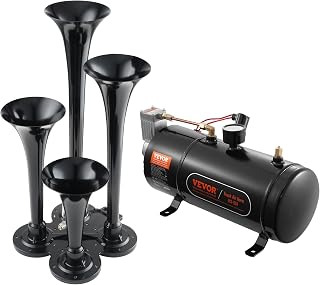 VEVOR 4 Trumpet Air Horn Kit, 150dB Train Horns for Pickup Trucks, Black | For Any 12V Vehicle Car Truck Train Van Boat, Strong Air Tightness, 12V 120 psi Air Compressor, 0.8 Gal/3 L Tank with Gauge
