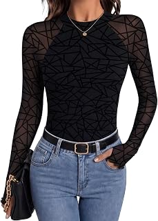 Zeagoo Long Sleeve Shirts for Women Floral Mesh Sheer Top Mock Neck Double Lined Fitted Going Out Blouses