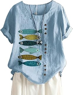 ORANDESIGNE Linen Shirt Short Sleeve Women Casual Vintage Tops Blouse T-Shirts Short Sleeve Crew Neck Tunic Tops Shirt Loose Plus Size T Shirt