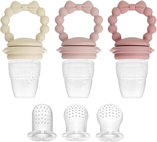 PandaEar 3 Pack Baby Fruit Food Feeder Pacifier with 3 Different Size Silicone Pouch, Silicone Teethers for Babies 3-6-12 months, BPA Free Mesh Feeder, Baby Solid Food Essentials