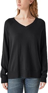 Lucky Brand Women's V-Neck Sweater, Long Sleeves, Side Slits, Cotton Blend, Cream/Green/Red/Black