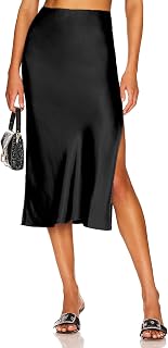 Womens High Waisted Satin Midi Skirts Elegant Flared A Line Elastic Waistband Silk Slit Skirt for Women