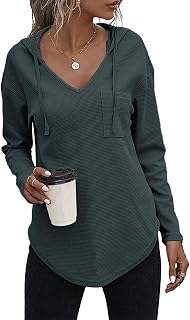 Cuptacc Hoodies For Women Uk Waffle V Neck With Drawstring Long Sleeve