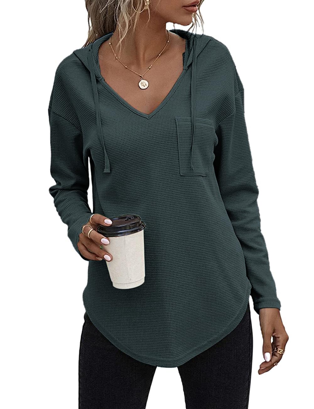 Cuptacc Hoodies For Women Uk Waffle V Neck With Drawstring Long Sleeve