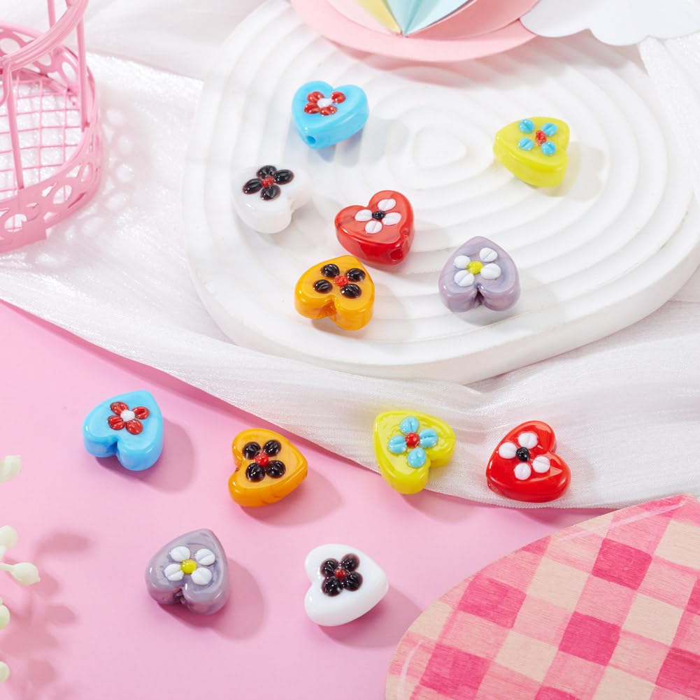 12pcs Handmade Heart Blown Glass Beads with Flower for Jewelry Making Necklace B