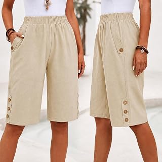 Women Shorts High Waist Knee Length Casual Loose Bermuda Stretch Waist Button Detail Summer Lounge Shorts