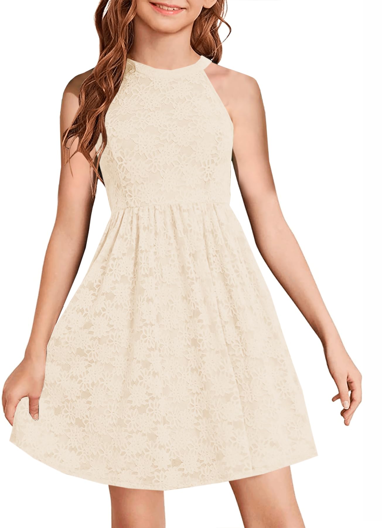 HOSIKA Flower Girl Dress Halter Neck Elegant Floral Lace A-line Party Dress