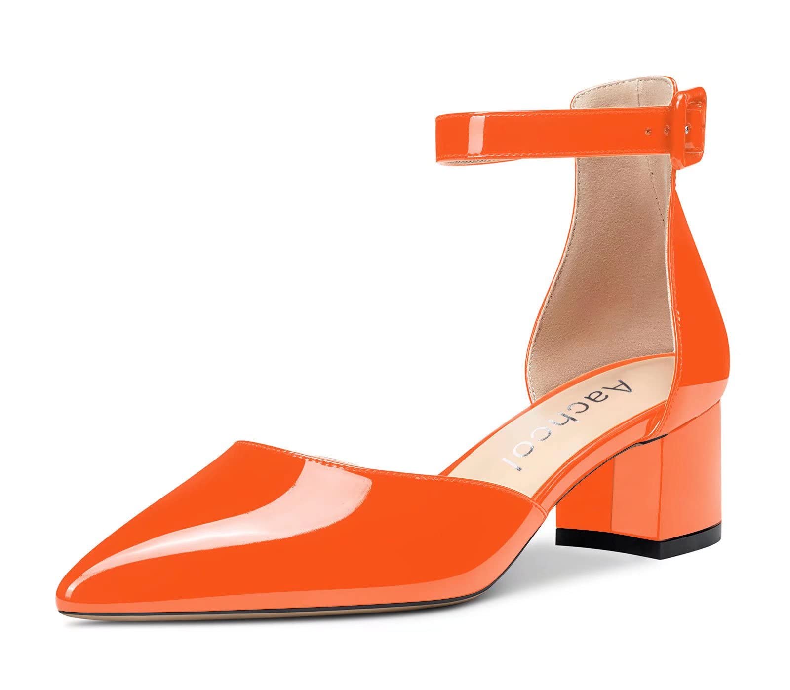 Aachcol Women's Ankle Strap Pumps Closed Toe Cap D'Orsay Two-Piece Chunky Block 