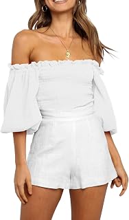 R.Vivimos Women's Summer Cotton Short Sleeves Off The Shoulder Crop Tops Ruffle Slim Blouses