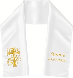 Baby/Child Christening Stole Personalised First Name Date – White Satin Embroidery Handmade 85 x 15 cm – Religious Ceremony – Girl Gift