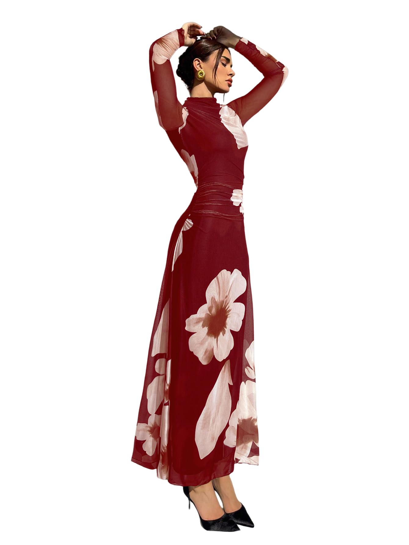 Verdusa Women's Floral Wedding Guest Dress Long Sleeve Mesh Maxi Dresses