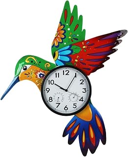 HOBYLUBY Large Outdoor Clock with Thermometer & Humidity | Silent Non-Ticking, Decorative Outdoor Clocks for Patio, Garden, Home Decor, Red&Green Hummingbird
