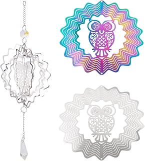 2 Pieces Stainless Steel Metal Replacement Wind Catcher Wind Spinners Fall Hollow Flower Hanging Pendants with Owl Engraved Metal Ornaments for Window Home Garden