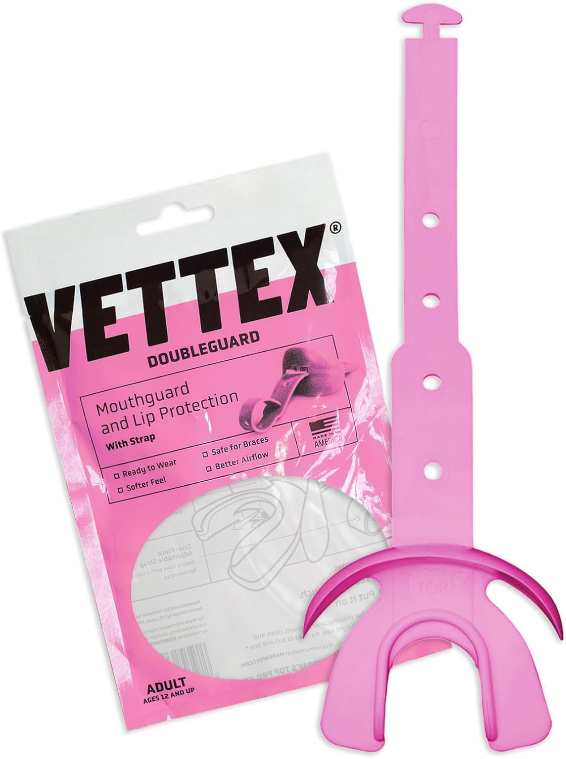 Vettex DoubleGuard Mouth Guard with Lip Protection, Pink | Football, Lacrosse, M