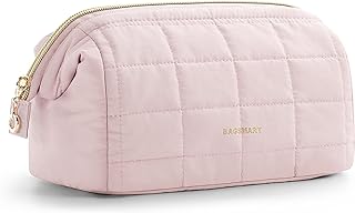 BAGSMART Small Travel Makeup Bag for Women, Wide Opening Cosmetics Bag | Puffy Padded Make Up Pouch, Travel Accessories, Women's Essentials, With Clear Brush Pocket, Pink