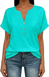 EyMuse Camisetas de verano para mujer, de manga corta, cuello en V, estilo clásico, casual, linda, a la moda, para vacaciones en la playa