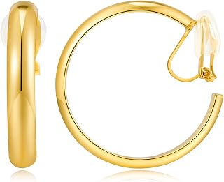 WOWORAMA Gold Hoop Earrings for Women - Classic Large Chunky Clip On Hoops, Non Pierced, Minimalistic Design