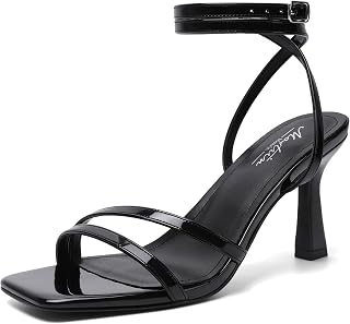 Mostrin Womens Sandals Strappy Heels for Women Ankle Strap Lace Up Heels Square Open Toe Heels Tie Up Stiletto High Heeled Sandals for Prom, Party, Daily Wear
