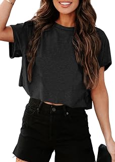 Tankaneo Women's Oversized Crop T-Shirt with Crew Neck