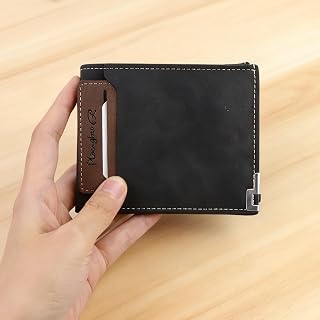 Stylish wallet for men, soft PU bifold wallet for men with hidden zipper pocket to store coins and bills, front pocket wallet, Black/White, Casual