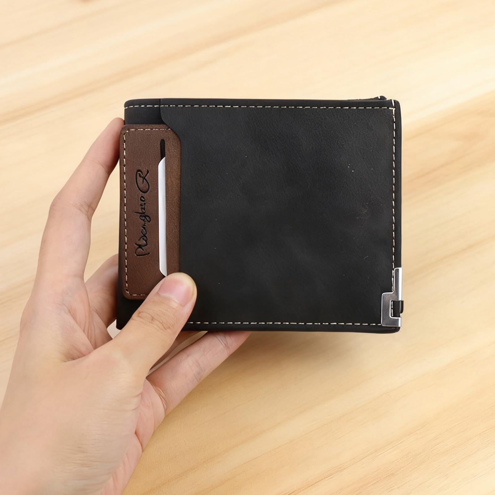 Stylish wallet for men, soft PU bifold wallet for men with hidden zipper pocket 