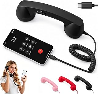 Black Retro Phone Handset Type-C Wired Vintage Receiver with Mic | Built-in Microphone, Volume Control, Coiled Cord, Multiple Colors Available, Retro Style Design