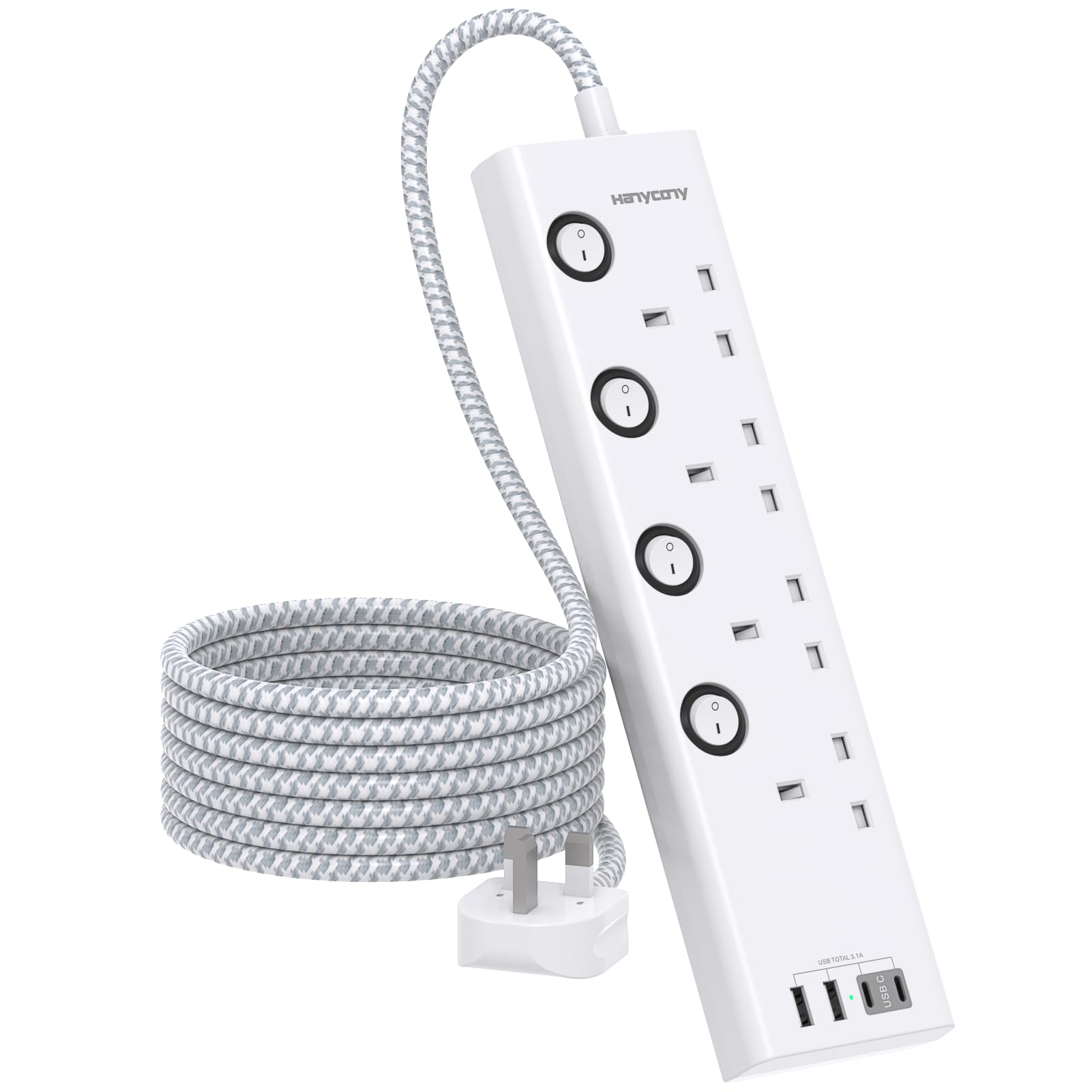 Extension Lead with USB Slots(2 USB C), 4 Way Plug Extension Socket, 1.8M | Exte