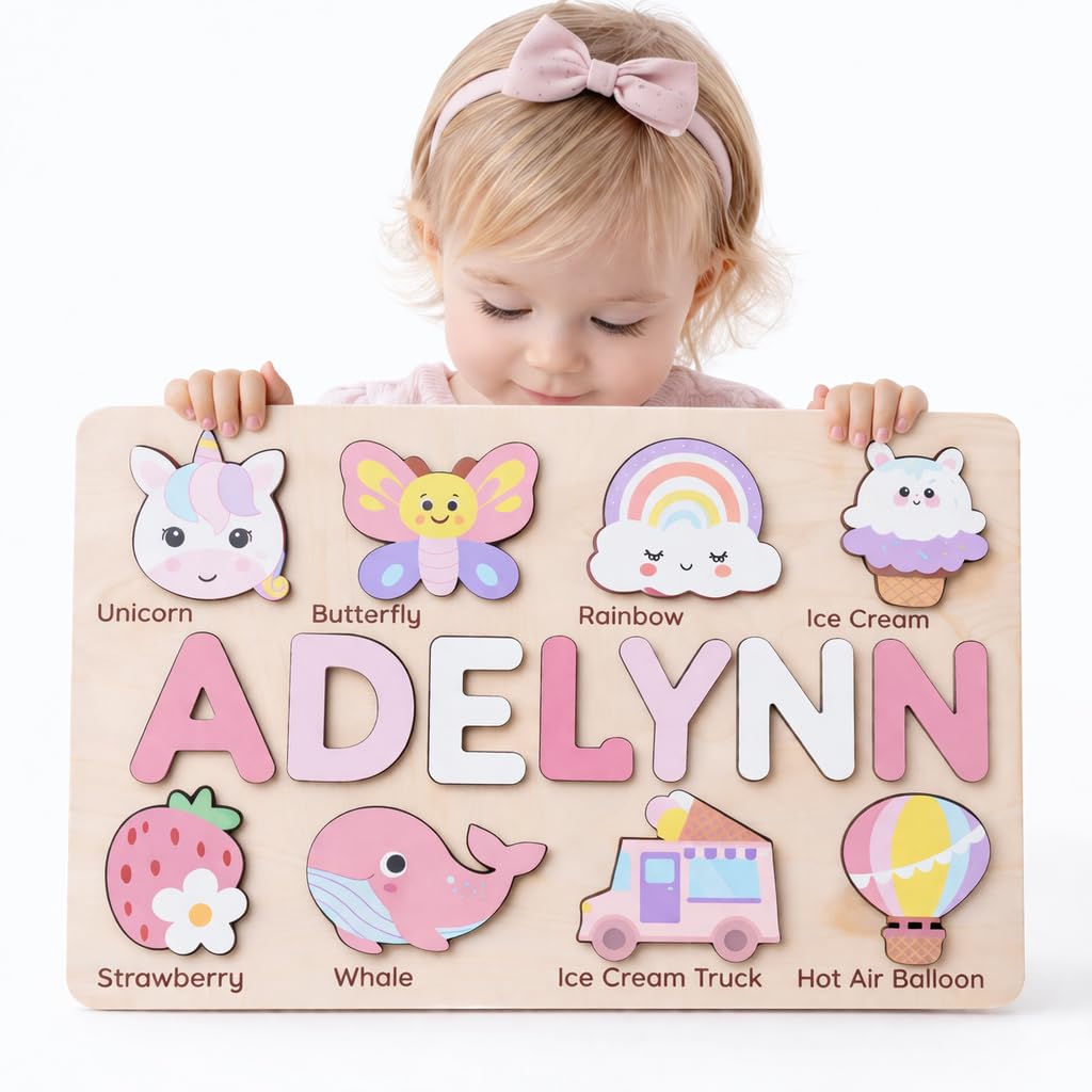 Personalized Name Puzzle for Toddlers 1-3 | Custom Wooden Baby Girl Gift with 48