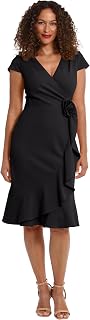 London Times Womens Feminine Ageless Surplice V-Neck Faux Wrap Ruffle Dress Office Event Shower Guest of