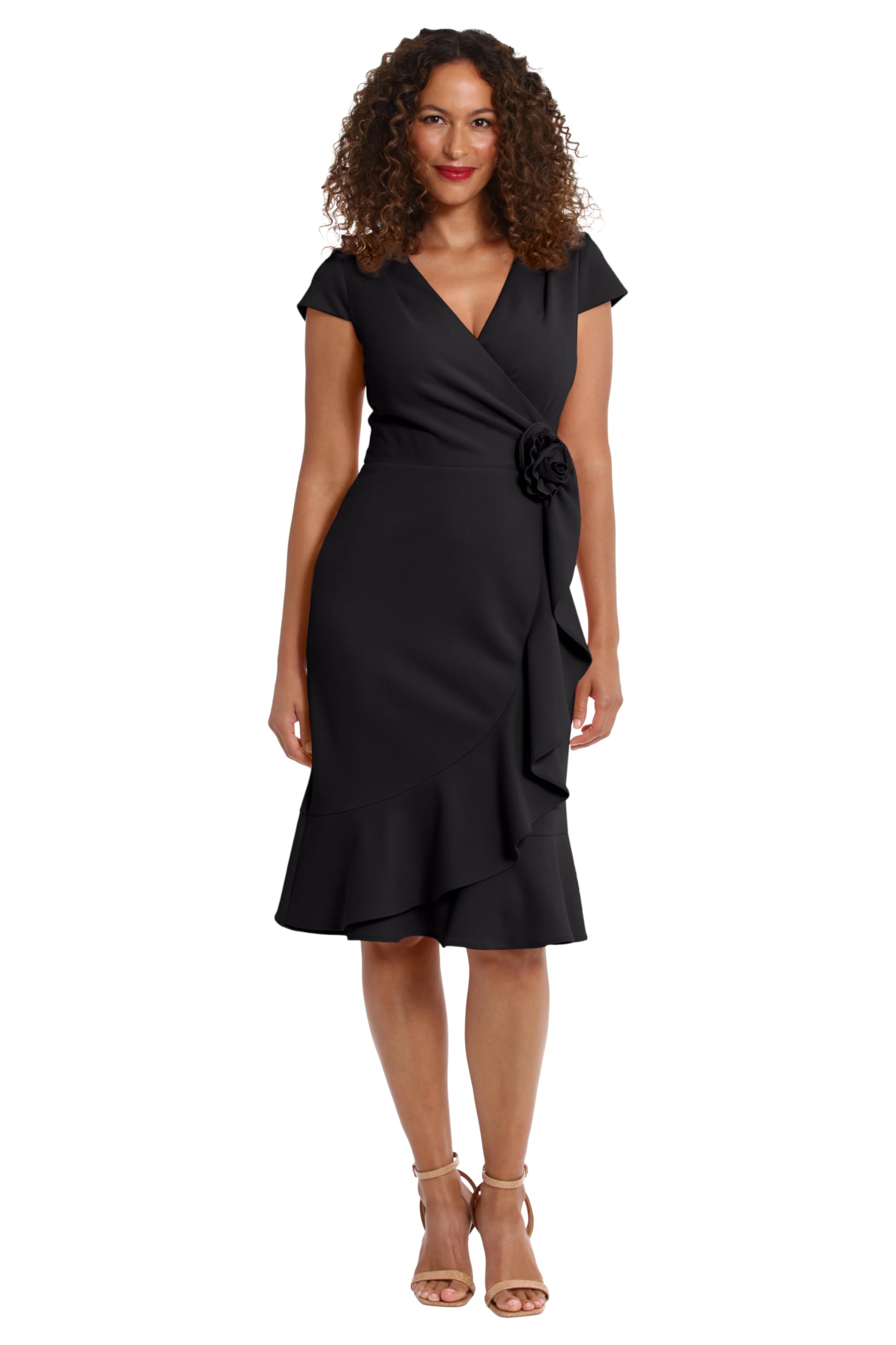 London Times Womens Feminine Ageless Surplice V-Neck Faux Wrap Ruffle Dress Offi