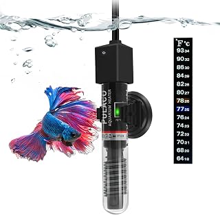 PULACO 25Watt Mini Aquarium Heater, Submersible Betta Heater | Small Fish Tank Heater with Free Thermometer Strip for 1-6 Gallon Fish Tanks (Preset Temperature 78℉)