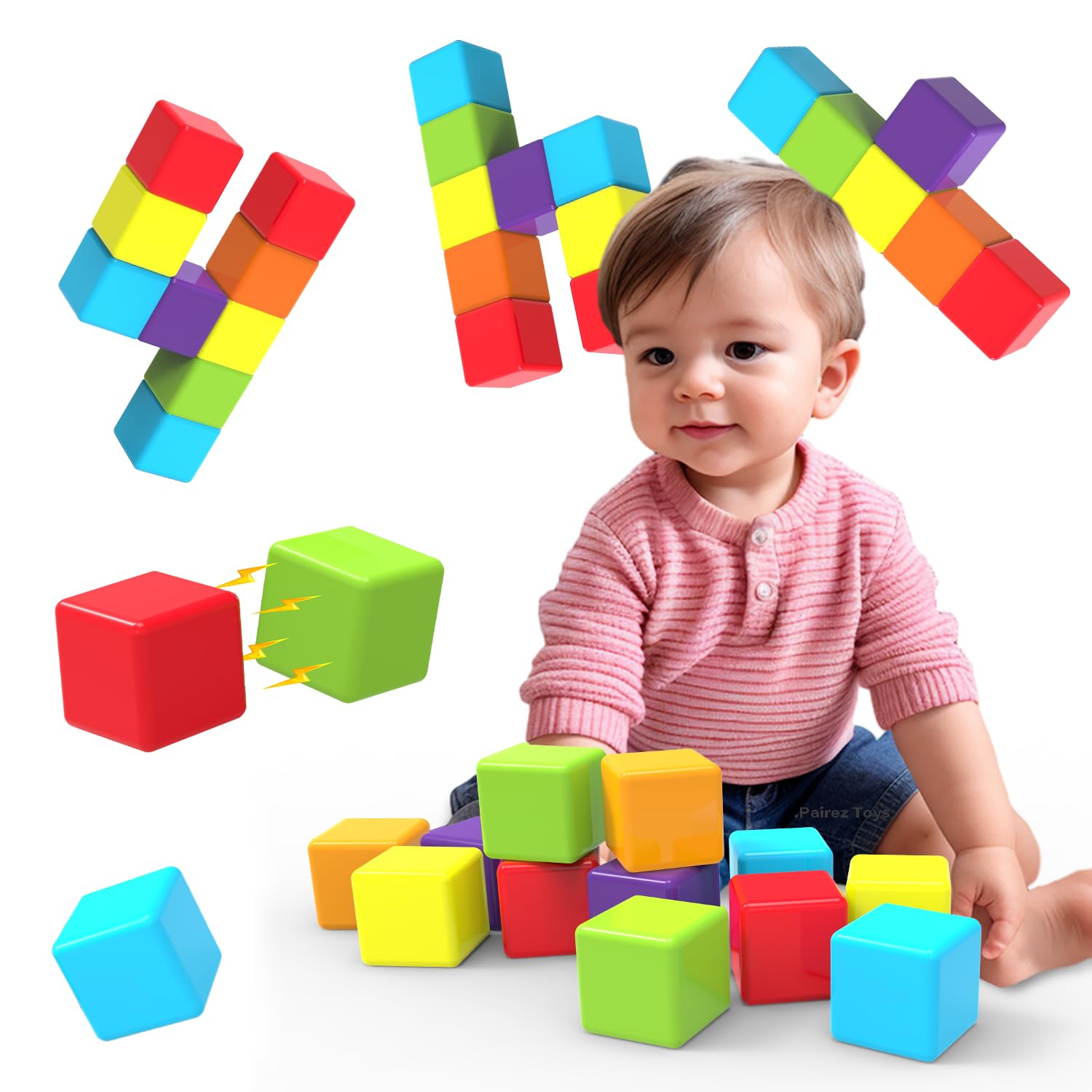 Magnetic Building Blocks Large, 1.65 inch Stacking Cubes for Toddlers | Sensory 